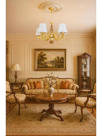 DOĞAL AHŞAPLI YARIMAT GOLD BOYALI BEŞ KOLLU KREM ŞAPKALI AVİZE