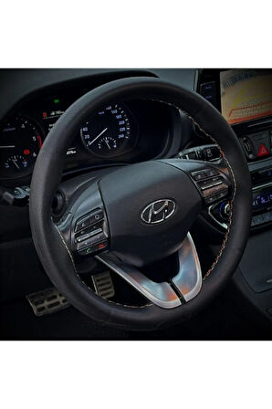 DİKİŞLİ DİREKSİYON KILIFI SİYAH DERİ BEJ DİKİŞLİ HYUNDAİ KONA İÇİN