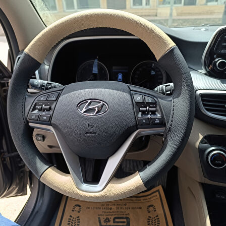 DİKİŞLİ DİREKSİYON KILIFI SİYAH DERİ BEJ DERİ SİYAH DİKİŞLİ HYUNDAİ TUCSON İÇİN