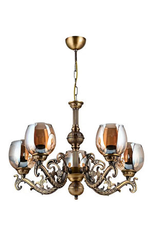 BEŞ KOLLU SAVA ZAMAK AVİZE BAL RENGİ CAMLI