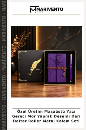 Özel Üretim Masaüstü Yazı Gereci Mor Yaprak Desenli Deri Defter Roller Metal Kalem Seti