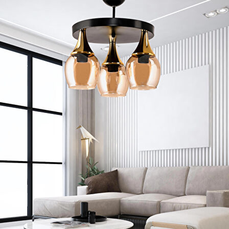 DEDE ÜÇLÜ EMBUDO TEPSİLİ AVİZE GOLD HUNİ BAL CAMLI