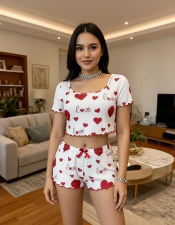 Kadın Beyaz Kırmızı Kalp Desenli Askılı Şortlu Pijama Takımı Rahat Ev Giyimi Özel Tasarım