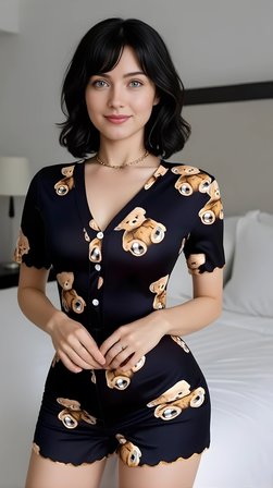 Black Teddy Dream Pamuklu Siyah Ayıcık Desenli Düğmeli Tulum Pijama