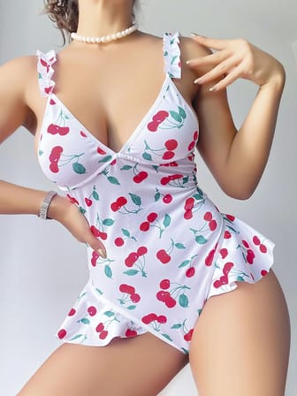 Kadın Vişne Desenli Dantel İşlemeli Şık Body