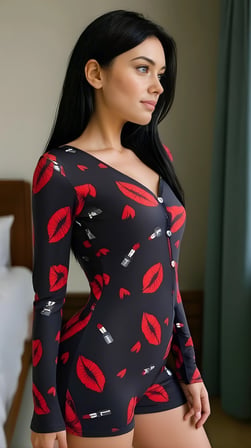 Red Kiss Pamuklu Kırmızı Ruj ve Öpücük Desenli Düğmeli Uzun Kol Tulum Pijama