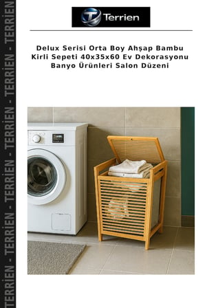Delux Serisi Orta Boy Ahşap Bambu Kirli Sepeti 40x35x60 Ev Dekorasyonu Banyo Ürünleri Salon Düzeni