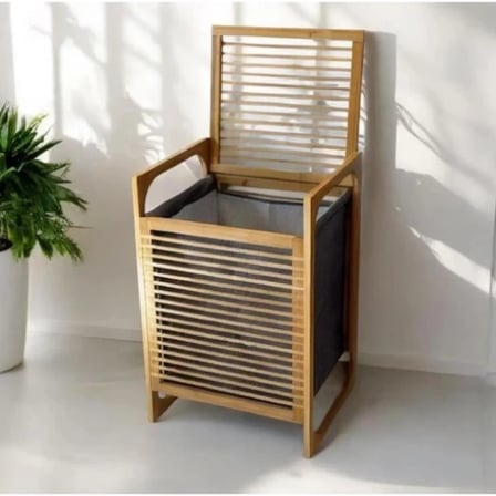 Delux Serisi Orta Boy Ahşap Bambu Kirli Sepeti 40x35x60 Ev Dekorasyonu Banyo Ürünleri Salon Düzeni