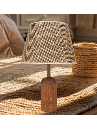 DEDE DOĞAL KAHVERENGİ AHŞAPLI KAHVERENGİ RATTAN ŞAPKALI ABAJUR