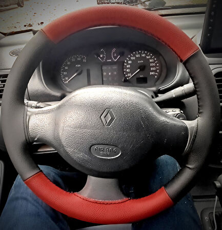 DİKİŞLİ DİREKSİYON KILIFI SİYAH / KIRMIZI DERİ SİYAH DİKİŞLİ RENAULT CLİO İÇİN (2007 ÖNCESİ)