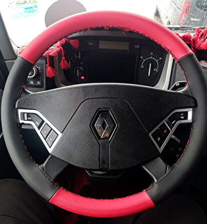 DİKİŞLİ DİREKSİYON KILIFI SİYAH DERİ KIRMIZI DERİ SİYAH DİKİŞLİ RENAULT TIR KAMYON (FOTODAKİ)
