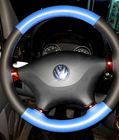 DİKİŞLİ DİREKSİYON KILIFI SİYAH DERİ MAVİ DERİ MAVİ DİKİŞLİ VOLKSWAGEN CRAFTER İÇİN