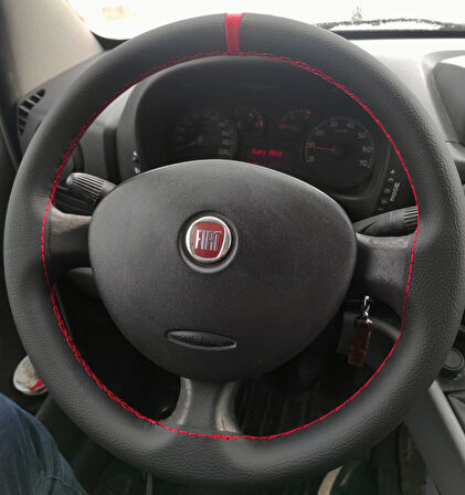 DİKİŞLİ DİREKSİYON KILIFI SİYAH DERİ KIRMIZI YÜZÜK KIRMIZI DİKİŞLİ FIAT DOBLO İÇİN