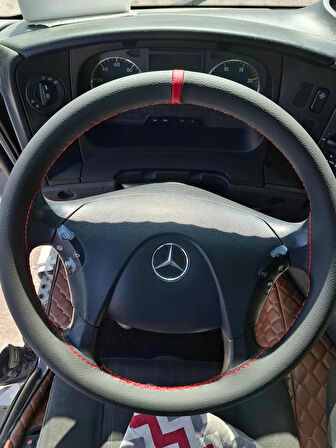 DİKİŞLİ DİREKSİYON KILIFI SİYAH DERİ KIRMIZI YÜZÜK KIRMIZI DİKİŞLİ MERCEDES AXOR 1840 İÇİN