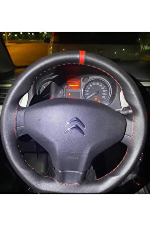 DİKİŞLİ DİREKSİYON KILIFI DAMARLI SİYAH DERİ KIRMIZI YÜZÜK KIRMIZI DİKİŞLİ CITROEN ELYSEE İÇİN
