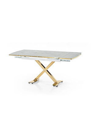 Diamond Açılır Kapanır Masa – Beyaz Mermer, Gold Ayak, 80×120/180 cm, 4–6 Kişilik (Sandalyesiz)