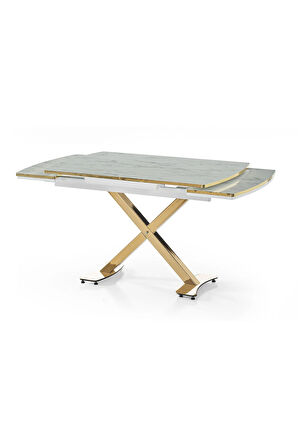Diamond Açılır Kapanır Masa – Beyaz Mermer, Gold Ayak, 80×120/180 cm, 4–6 Kişilik (Sandalyesiz)
