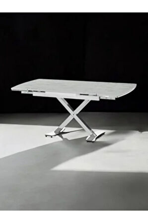 Diamond Açılır Kapanır Masa – Beyaz Mermer, Krom Ayak, 80×120/180 cm, 4–6 Kişilik (Sandalyesiz)
