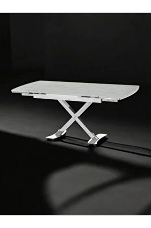 Diamond Açılır Kapanır Masa – Beyaz Mermer, Krom Ayak, 80×120/180 cm, 4–6 Kişilik (Sandalyesiz)