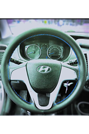 DİKİŞLİ DİREKSİYON KILIFI SİYAH DERİ MAVİ DİKİŞLİ HYUNDAİ İ20 İÇİN