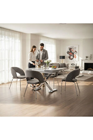 Diamond Açılır Masa Takımı – Beyaz Mermer Krom Metal Ayak. 4 Sandalyeli. 80x120/180 cm