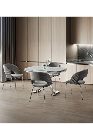 Diamond Açılır Masa Takımı – Beyaz Mermer Krom Metal Ayak. 4 Sandalyeli. 80x120/180 cm
