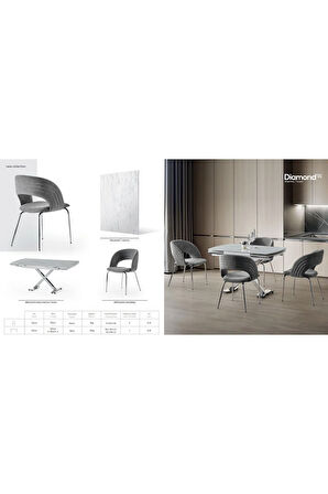 Diamond Açılır Masa Takımı – Beyaz Mermer Krom Metal Ayak. 4 Sandalyeli. 80x120/180 cm