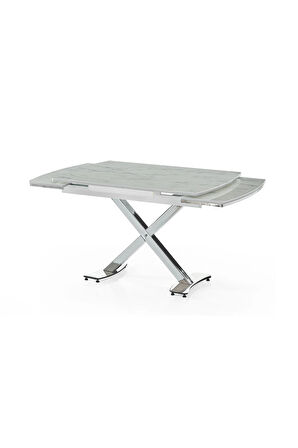 Diamond Açılır Masa Takımı – Beyaz Mermer Krom Metal Ayak. 4 Sandalyeli. 80x120/180 cm