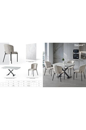 Diamond Açılır Masa Takımı – Beyaz Mermer Siyah Metal Ayak. 4 Sandalyeli. 80x120/180 cm