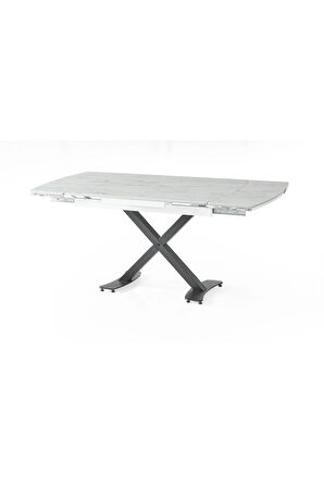 Diamond Açılır Masa Takımı – Beyaz Mermer Siyah Metal Ayak. 4 Sandalyeli. 80x120/180 cm