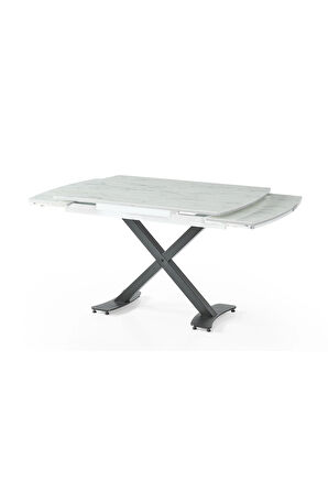 Diamond Açılır Masa Takımı – Beyaz Mermer Siyah Metal Ayak. 4 Sandalyeli. 80x120/180 cm