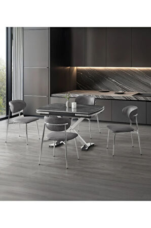 Diamond Açılır Masa Takımı – Siyah Mermer - Krom Ayak 4 Sandalyeli. 80 x 120 / 180 cm
