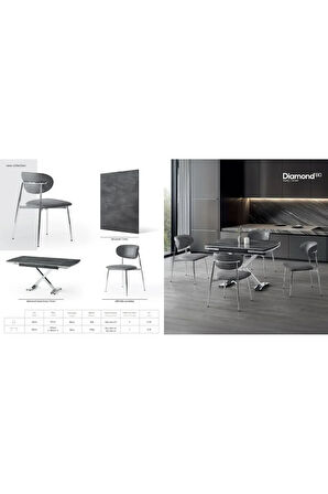 Diamond Açılır Masa Takımı – Siyah Mermer - Krom Ayak 4 Sandalyeli. 80 x 120 / 180 cm