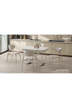 Diamond Açılır Masa Takımı – Traverten Desen Kapuçino Metal Ayak. 4 Sandalyeli. 80x120/180 cm