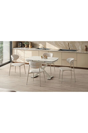 Diamond Açılır Masa Takımı – Traverten Desen Kapuçino Metal Ayak. 4 Sandalyeli. 80x120/180 cm