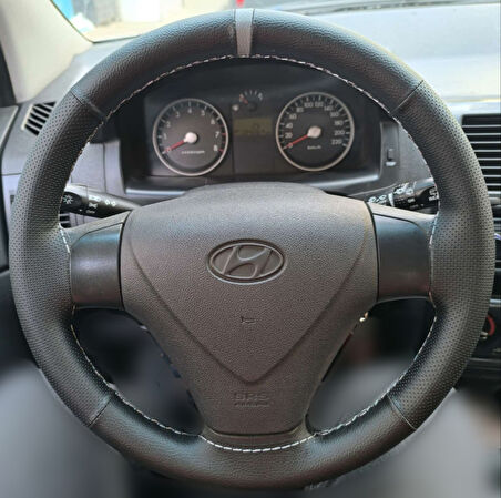 DİKİŞLİ DİREKSİYON KILIFI SİYAH DERİ NOKTALI DERİ GRİ YÜZÜK / DİKİŞLİ HYUNDAİ ACCENT ERA GETZ İÇİN