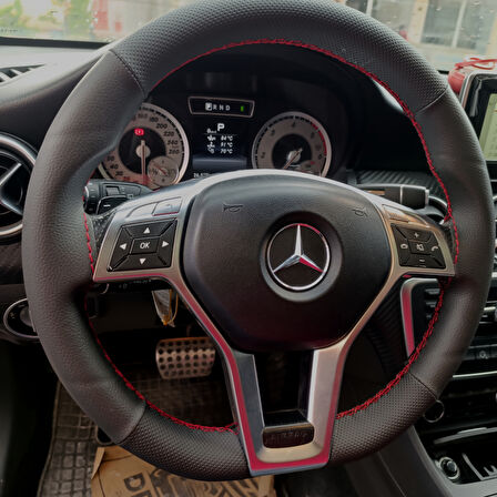 DİKİŞLİ DİREKSİYON KILIFI SİYAH DERİ NOKTALI DERİ KIRMIZI DİKİŞLİ MERCEDES A180 (FOTODAKİ) İÇİN