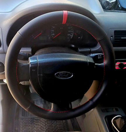 DİKİŞLİ DİREKSİYON KILIFI SİYAH / NOKTALI DERİ KIRMIZI YÜZÜK / DİKİŞLİ F.O.R.D CONNECT İÇİN