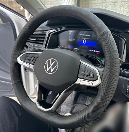 DİKİŞLİ DİREKSİYON KILIFI SİYAH DERİ NOKTALI DERİ SİYAH DİKİŞLİ VW POLO İÇİN