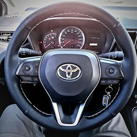 DİKİŞLİ DİREKSİYON KILIFI DAMARLI SİYAH DERİ NOKTALI DERİ GRİ DİKİŞLİ TOYOTA COROLLA İÇİN