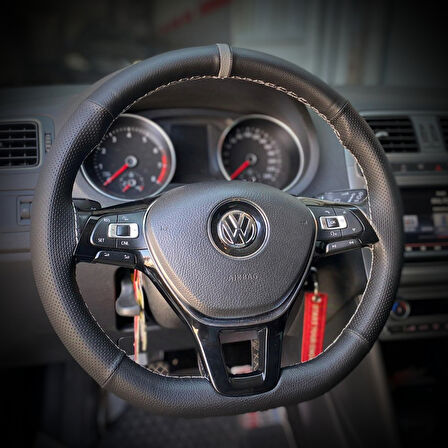 DİKİŞLİ DİREKSİYON KILIFI İTHAL SİYAH DERİ NOKTALI DERİ GRİ YÜZÜK GRİ DİKİŞLİ VW POLO İÇİN