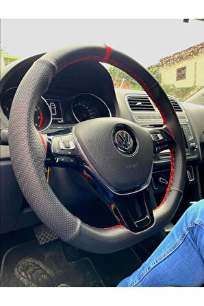 DİKİŞLİ DERİ DİREKSİYON KILIFI VW GRUBU İCİN DAMARLI/NOKTALI KIRMIZI YÜZÜK/KIRMIZI DİKİŞ HIZLI KARG