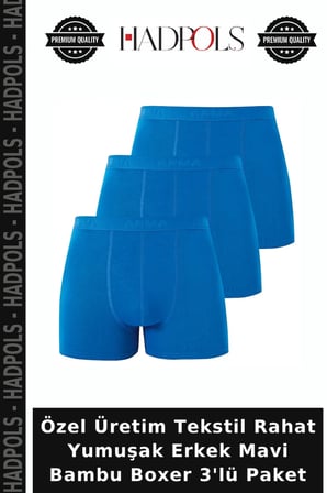 Özel Üretim Tekstil Rahat Yumuşak Erkek Mavi Bambu Boxer 3'lü Paket