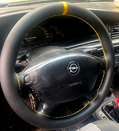 DİKİŞLİ DİREKSİYON KILIFI SİYAH DERİ SARI YÜZÜK SARI DİKİŞLİ OPEL VECTRA B İÇİN