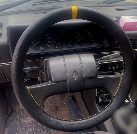 DİKİŞLİ DİREKSİYON KILIFI SİYAH DERİ SARI YÜZÜK SARI DİKİŞLİ RENAULT 9 BROADWAY İÇİN