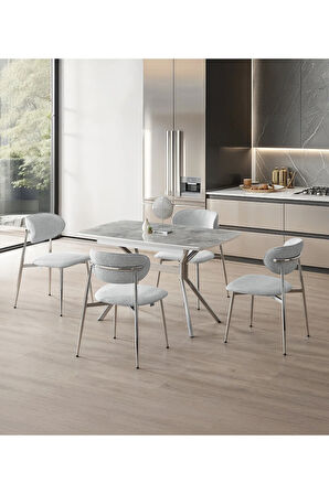 Duman Açılır Masa Takımı – Gri Mermer - Krom Metal Ayak – 80×130→160 cm. 4 Sandalyeli