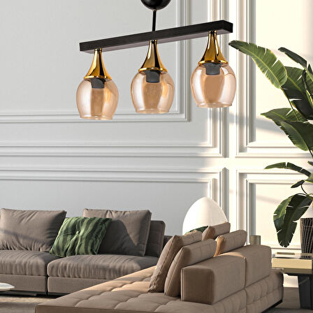 DEDE ÜÇLÜ UFO SARKIT AVİZE  SİYAH BAL RENGİ CAMLI GOLD HUNİ