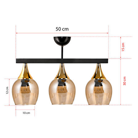 DEDE ÜÇLÜ UFO SARKIT AVİZE  SİYAH BAL RENGİ CAMLI GOLD HUNİ