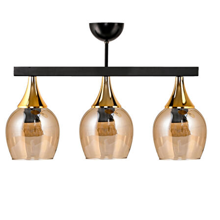 DEDE ÜÇLÜ UFO SARKIT AVİZE  SİYAH BAL RENGİ CAMLI GOLD HUNİ