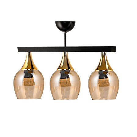 DEDE ÜÇLÜ UFO SARKIT AVİZE  SİYAH BAL RENGİ CAMLI GOLD HUNİ